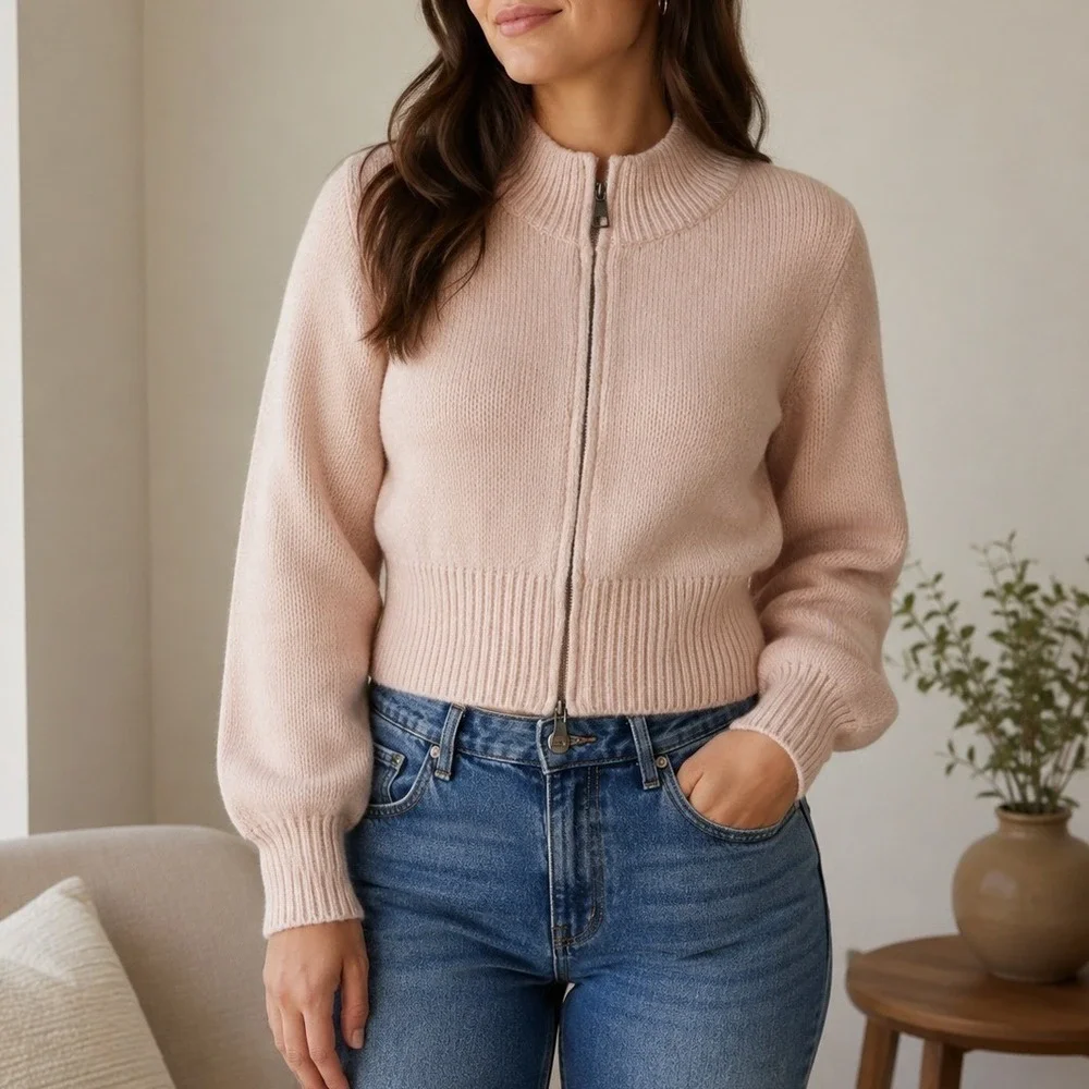 Hazel Moon Pink Knit Cropped Full Zip Mock Neck Cardigan Sweater Large